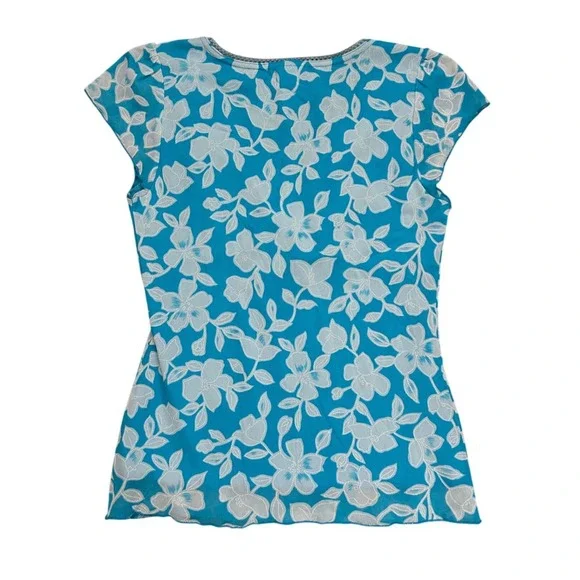 Vintage Turquoise Floral Mesh Babydoll Top Y2K Cap Sleeve XL tropical goingout - Picture 2 of 6